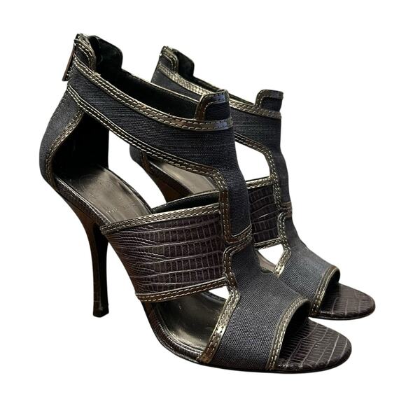 Tory Burch Gun Metal Canvas Leather Trim T Strap Open Toe Ankle Pumps Womens 7 - Picture 1 of 7